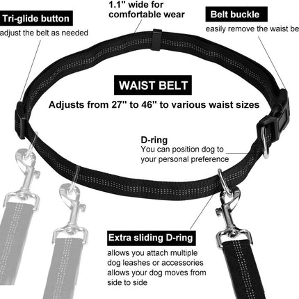 Hands Free Dog Leash for Running Walking Training Hiking, Dual-Handle Reflective Bungee, Poop Bag Dispenser Pouch, Adjustable Waist Belt, Shock Absorbing, Ideal for Medium to Large Dogs (Black W Pink)
