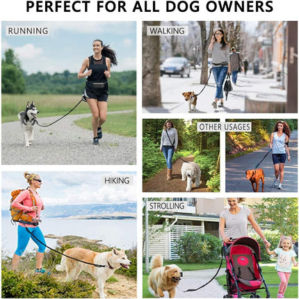 Hands Free Dog Leash for Running Walking Training Hiking, Dual-Handle Reflective Bungee, Poop Bag Dispenser Pouch, Adjustable Waist Belt, Shock Absorbing, Ideal for Medium to Large Dogs (Black W Pink)