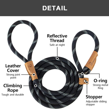 5 FT Slip Lead Dog Leash, Heavy Duty Rope Leash for Small Medium Large Dogs, No Pull Training Lead with Reflective Thread, Strong Comfortable Loop Leash (Black Stripe, Medium(3/8"))