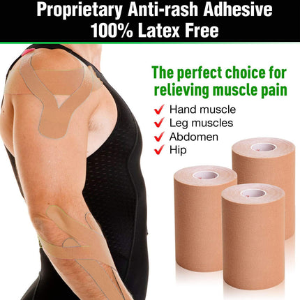 3 Pack Kinesiology Tape, 4in x 5.5yd Water Resistant Muscle Support Adhesive Sport Tape for Pain Relief, Latex Free Cotton Elastic Athletic Tape for Joints, Knee, Ankle, Shoulder, Wrist
