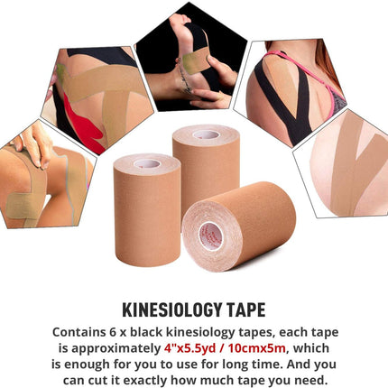 3 Pack Kinesiology Tape, 4in x 5.5yd Water Resistant Muscle Support Adhesive Sport Tape for Pain Relief, Latex Free Cotton Elastic Athletic Tape for Joints, Knee, Ankle, Shoulder, Wrist