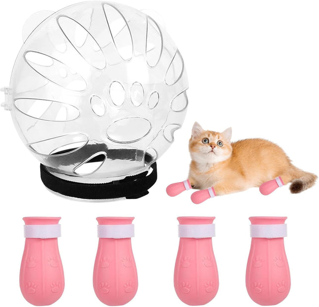 Cat Muzzle and Boots Set Cat Transparent Muzzle Prevent from Cats Biting Chewing Breathable