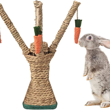 Bunny Chew Toys, Rabbit Scratching Climbing Fun Tree with Carrot Shaped Toy, Handwoven Seagrass Chew Toy for Rabbits, Cats, Hamsters, Gerbils Teeth Grinding
