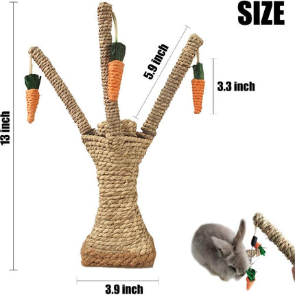 Bunny Chew Toys, Rabbit Scratching Climbing Fun Tree with Carrot Shaped Toy, Handwoven Seagrass Chew Toy for Rabbits, Cats, Hamsters, Gerbils Teeth Grinding