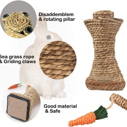 Bunny Chew Toys, Rabbit Scratching Climbing Fun Tree with Carrot Shaped Toy, Handwoven Seagrass Chew Toy for Rabbits, Cats, Hamsters, Gerbils Teeth Grinding