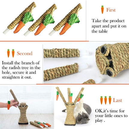 Bunny Chew Toys, Rabbit Scratching Climbing Fun Tree with Carrot Shaped Toy, Handwoven Seagrass Chew Toy for Rabbits, Cats, Hamsters, Gerbils Teeth Grinding