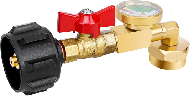 Propane Refill Adapter 20lb to 1lb Camping Design with Valve and Gauge Upgrade 90-Degree Elbow