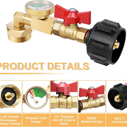 Propane Refill Adapter 20lb to 1lb Camping, Design with Valve and Gauge, Upgrade 90-Degree Elbow Design, Fill 1 lb Bottles from 20 lb Tank, for Propane Heater Grill Stove
