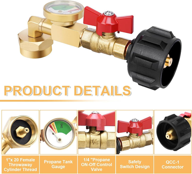 Propane Refill Adapter 20lb to 1lb Camping Design with Valve and Gauge Upgrade 90-Degree Elbow – product detail