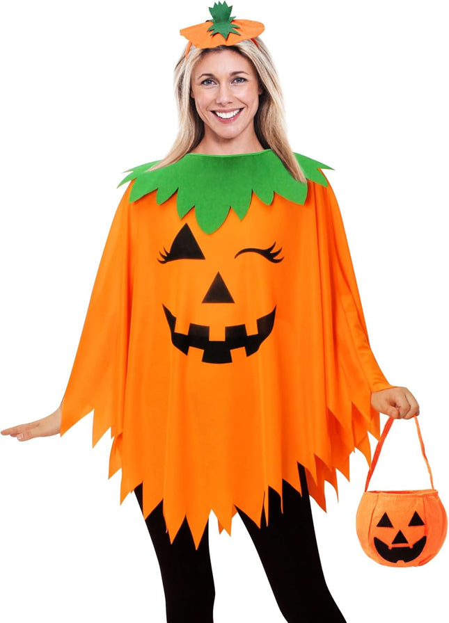 3PCS Halloween Pumpkin Costume for Women Pumpkin Poncho for Adults with Headband & Bag Halloween Costume