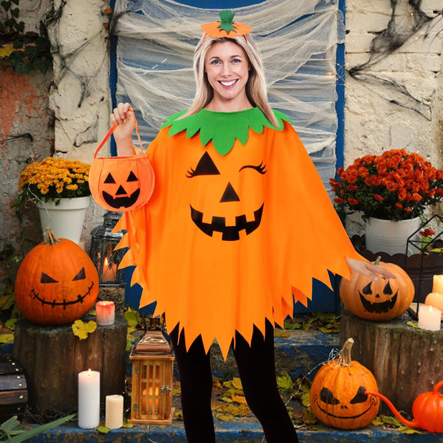 3PCS Halloween Pumpkin Costume for Women Pumpkin Poncho for Adults with Headband & Bag Halloween Costume – product detail