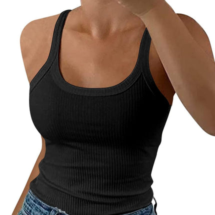 Women Spaghetti Strap Scoop Neck Ribbed Tank Tops Slim Fitted Cotton Camisole Basic Sleeveless Layering Shirts