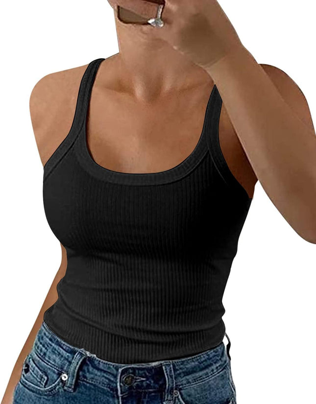 Women Spaghetti Strap Scoop Neck Ribbed Tank Tops Slim Fitted Cotton Camisole Basic Sleeveless Layering