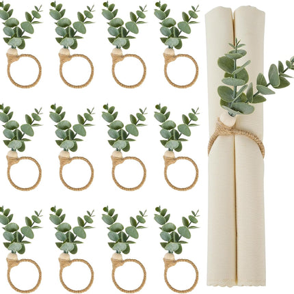 Napkin Rings Set of 12, Easter Napkin Rings, Boho Eucalyptus Leaf Napkins Rings, Wood Bead Farmhouse Easter Napkin Holder for Weddings Christmas Party Table Decoration