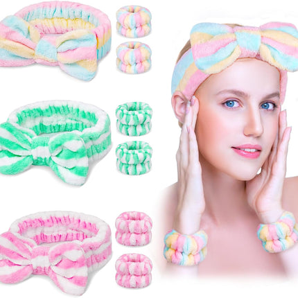 9PCS Spa Headband Kit for Women & Girls: Bowknot Makeup Headbands with Wristbands for Face Skincare, Bathing, Yoga (Pink, Blue, White)