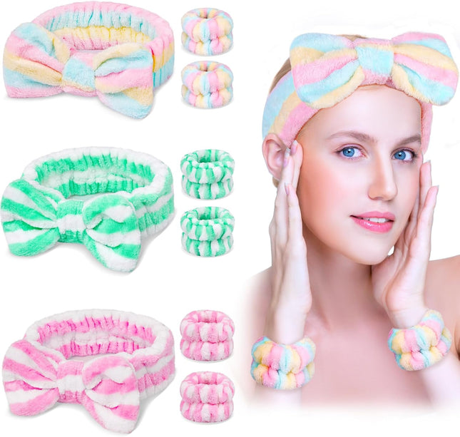 9PCS Spa Headband Kit for Women & Girls Bowknot Makeup Headbands with Wristbands for Face Skincare Bathing