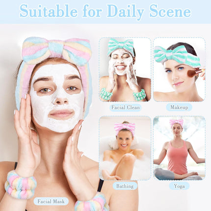 9PCS Spa Headband Kit for Women & Girls: Bowknot Makeup Headbands with Wristbands for Face Skincare, Bathing, Yoga (Pink, Blue, White)