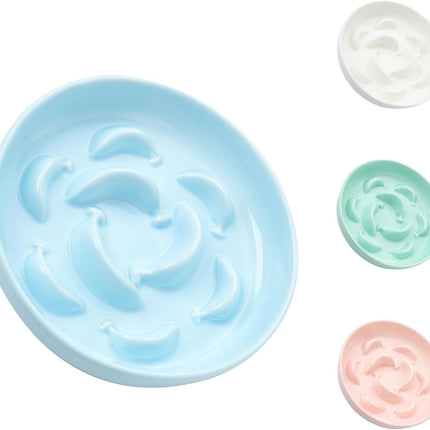 Ceramic Cat Slow Feeder Bowl - Pastel Series Cat Plate for Dry and Wet Food - Cute Maze Feeder Dish for Healthy Eating - Dishwasher Safe - 6.3''W x 1.2''H - 7 OZ - Pale Blue