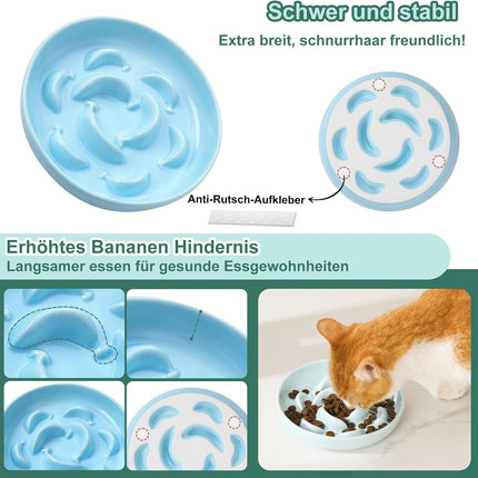 Ceramic Cat Slow Feeder Bowl - Pastel Series Cat Plate for Dry and Wet Food - Cute Maze Feeder Dish for Healthy Eating - Dishwasher Safe - 6.3''W x 1.2''H - 7 OZ - Pale Blue