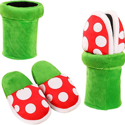 Piranha Plants Plush Slippers Suit Winter Home Wear Cannibal Flower Slippers with Green Warp Pipe Plush for Women Men