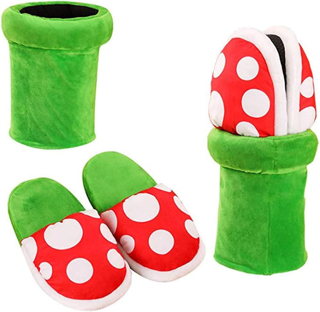 Piranha Plants Plush Slippers Suit Winter Home Wear Cannibal Flower Slippers with Green Warp Pipe Plush for