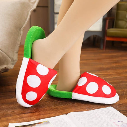 Piranha Plants Plush Slippers Suit Winter Home Wear Cannibal Flower Slippers with Green Warp Pipe Plush for Women Men