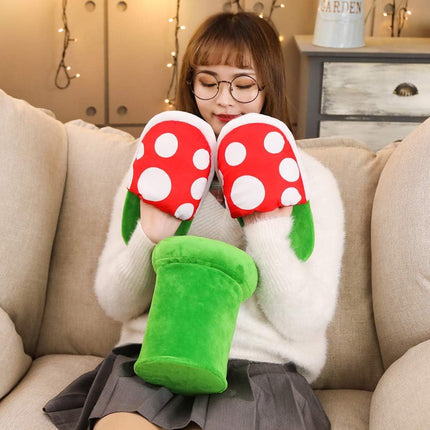 Piranha Plants Plush Slippers Suit Winter Home Wear Cannibal Flower Slippers with Green Warp Pipe Plush for Women Men