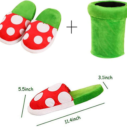 Piranha Plants Plush Slippers Suit Winter Home Wear Cannibal Flower Slippers with Green Warp Pipe Plush for Women Men