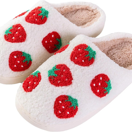 Women Slippers Cute Pattern Strawberry Slippers Warm Soft Bedroom Shoes Fuzzy Closed Toe Sandals Non Slip House Bedroom Slippers