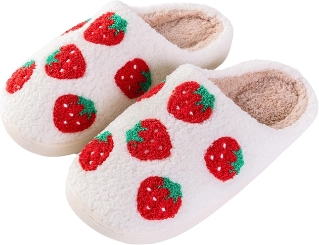 Women Slippers Cute Pattern Strawberry Slippers Warm Soft Bedroom Shoes Fuzzy Closed Toe Sandals Non Slip