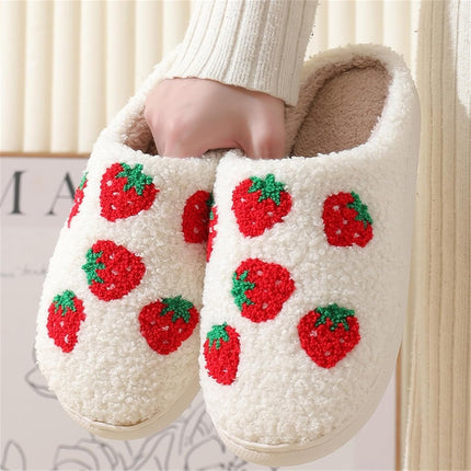 Women Slippers Cute Pattern Strawberry Slippers Warm Soft Bedroom Shoes Fuzzy Closed Toe Sandals Non Slip House Bedroom Slippers