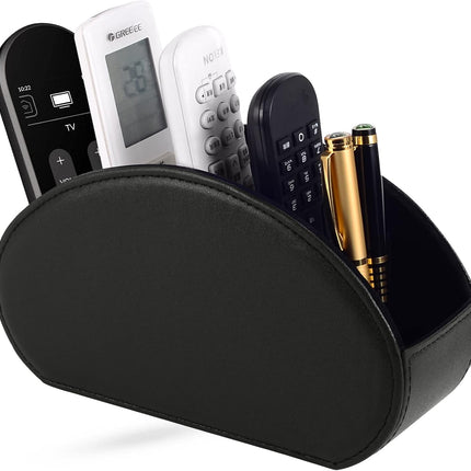 Tv Remote Holder Tray with 5 Compartments,PU Leather Remote Control Holder/Caddy Nightstand Decoration,Placed Media Remote Storage Box/Glasses/Makeup Brush/Office Products/Desktop Organizer (Black)