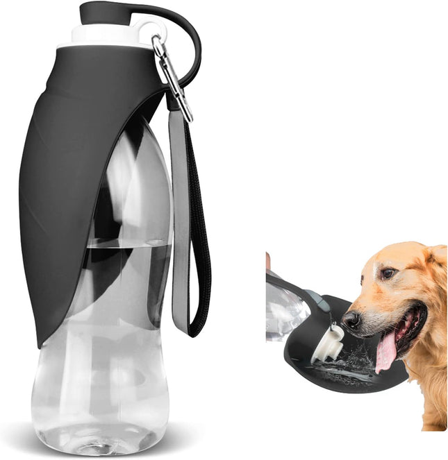 Dog Water Bottle Portable Pet Water Dispenser Feeder Leak Proof with Drinking Cup Dish Bowl in Black