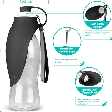 Dog Water Bottle, Portable Pet Water Dispenser Feeder Leak Proof with Drinking Cup Dish Bowl for Outdoor Walking, Hiking, Travel, 20OZ Water Bottle Fit for Small to Large Dogs and Cats Black