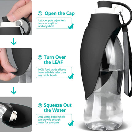 Dog Water Bottle, Portable Pet Water Dispenser Feeder Leak Proof with Drinking Cup Dish Bowl for Outdoor Walking, Hiking, Travel, 20OZ Water Bottle Fit for Small to Large Dogs and Cats Black