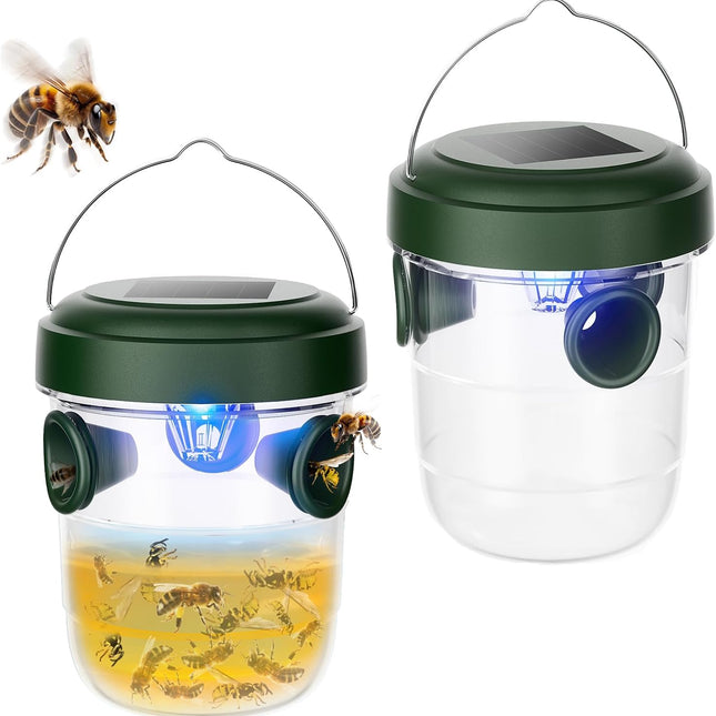 Wasp Traps Outdoor Hanging 2 Packs, Solar Powered Carpenter Bee Trap Yellow Jacket Hornet Catcher with LED Light, Reusable Wasp Deterrent Outdoor for Garden, Patio, Backyard, Camping