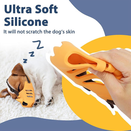 Silicone Dog Muzzle, Soft Muzzle for Small Medium Dogs, Breathable Silicone Cage Mouth Cover for Poodle Dachshund to Prevent Biting and Chewing Adjustable Head Strap (S,Orange)