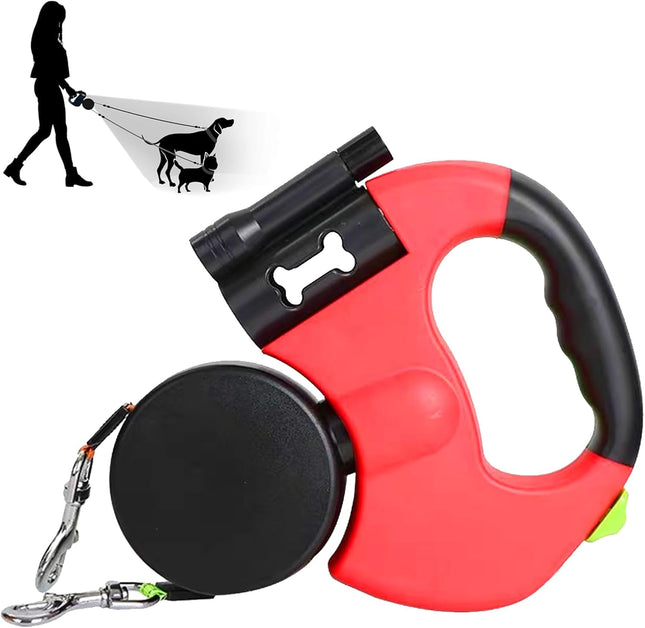 Double Head 10 ft Retractable Dog Leash with Integrated Waste Bag Dispenser Flashlight 360 Degree