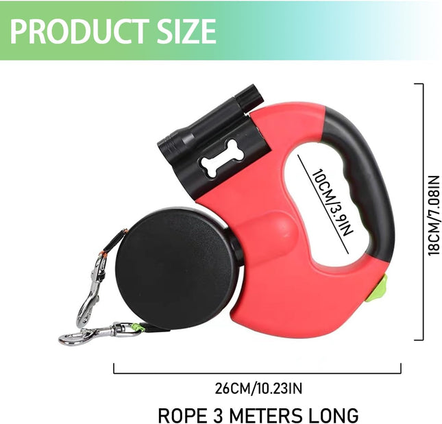 Double Head 10 ft Retractable Dog Leash with Integrated Waste Bag Dispenser Flashlight 360 Degree – product detail