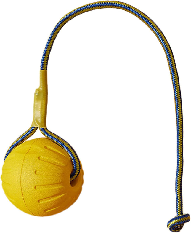 Dog Ball on Rope 3 Inch Rubber Ball on Rope Dog Toy Interactive Training Yellow Color Portable Teething – product detail
