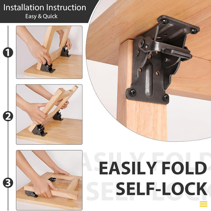 4 Pack Folding Brackets, Self-Lock Hinge with Screws for Folding Table Legs, Lock Extension Support Bracket Bed Legs, Black