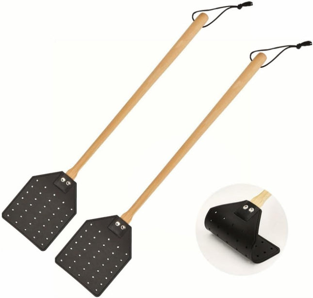 2Pcs Fly Swatter Heavy Duty Fly Swatter with Long Wood Handle and Hanging Rope Durable for Indoor Outdoor
