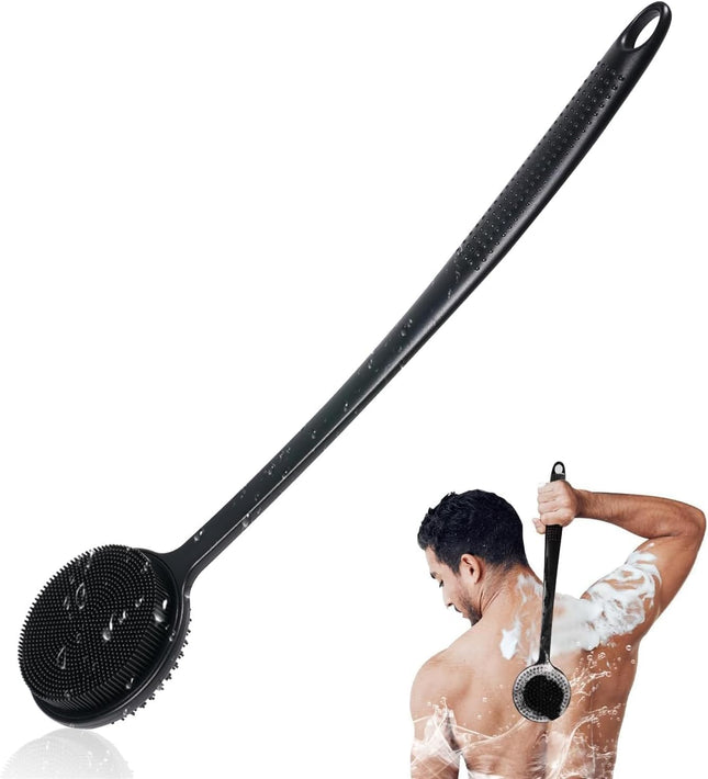 Silicone Back Scrubber for Shower 17in Lengthen Long Handle Body Brush Double Sided Shower Brush for (Carbon