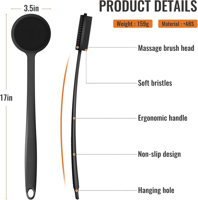 Silicone Back Scrubber for Shower 17in Lengthen Long Handle Body Brush Double Sided Shower Brush for – product detail