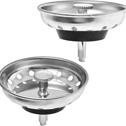 2 Pack - Kitchen Sink Strainer and Stopper Combo Basket Replacement for Standard 3-1/2 inch Drain, Stainless Steel Basket with Plastic Knob, Rubber Stopper Bottom -