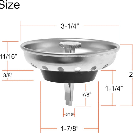 2 Pack - Kitchen Sink Strainer and Stopper Combo Basket Replacement for Standard 3-1/2 inch Drain, Stainless Steel Basket with Plastic Knob, Rubber Stopper Bottom -