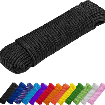Rope – 1/4” & 3/8” – 90 FT | 150 FT – Strong All-Purpose Utility Rope – Camping, Crafting, Flag Pole, Indoor & Outdoor – Polypropylene Nylon Poly Lightweight Diamond Braided Cord – Black