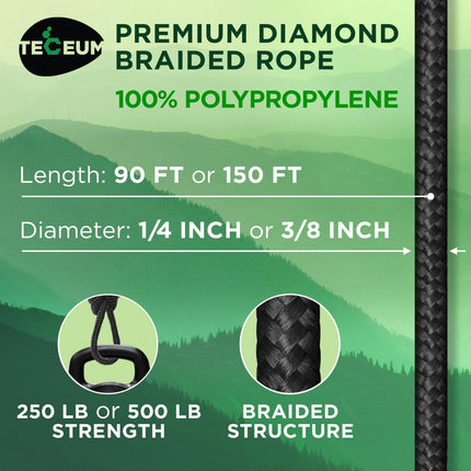 Rope – 1/4” & 3/8” – 90 FT | 150 FT – Strong All-Purpose Utility Rope – Camping, Crafting, Flag Pole, Indoor & Outdoor – Polypropylene Nylon Poly Lightweight Diamond Braided Cord – Black
