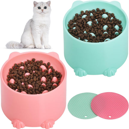2-Pack Slow Feeder Cat Bowls, Raised Elevated Design with Anti-Slip Base & Ergonomic Neck Relief - Durable Plastic Pet Food Dishes (Pink & Green)