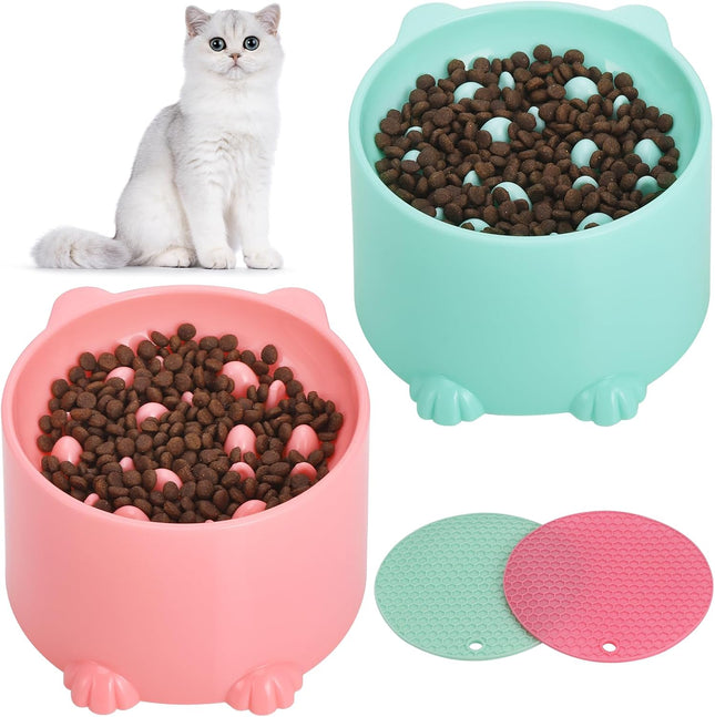 2-Pack Slow Feeder Cat Bowls Raised Elevated Design with Anti-Slip Base & Ergonomic Neck Relief